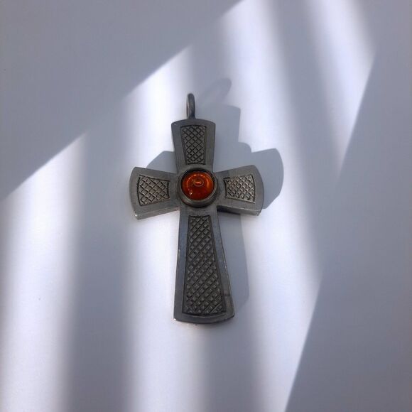 Jorgen Jensen - Vintage - Pewter - Amber Glass - Cross Pendant - Denmark - Picture 1 of 12